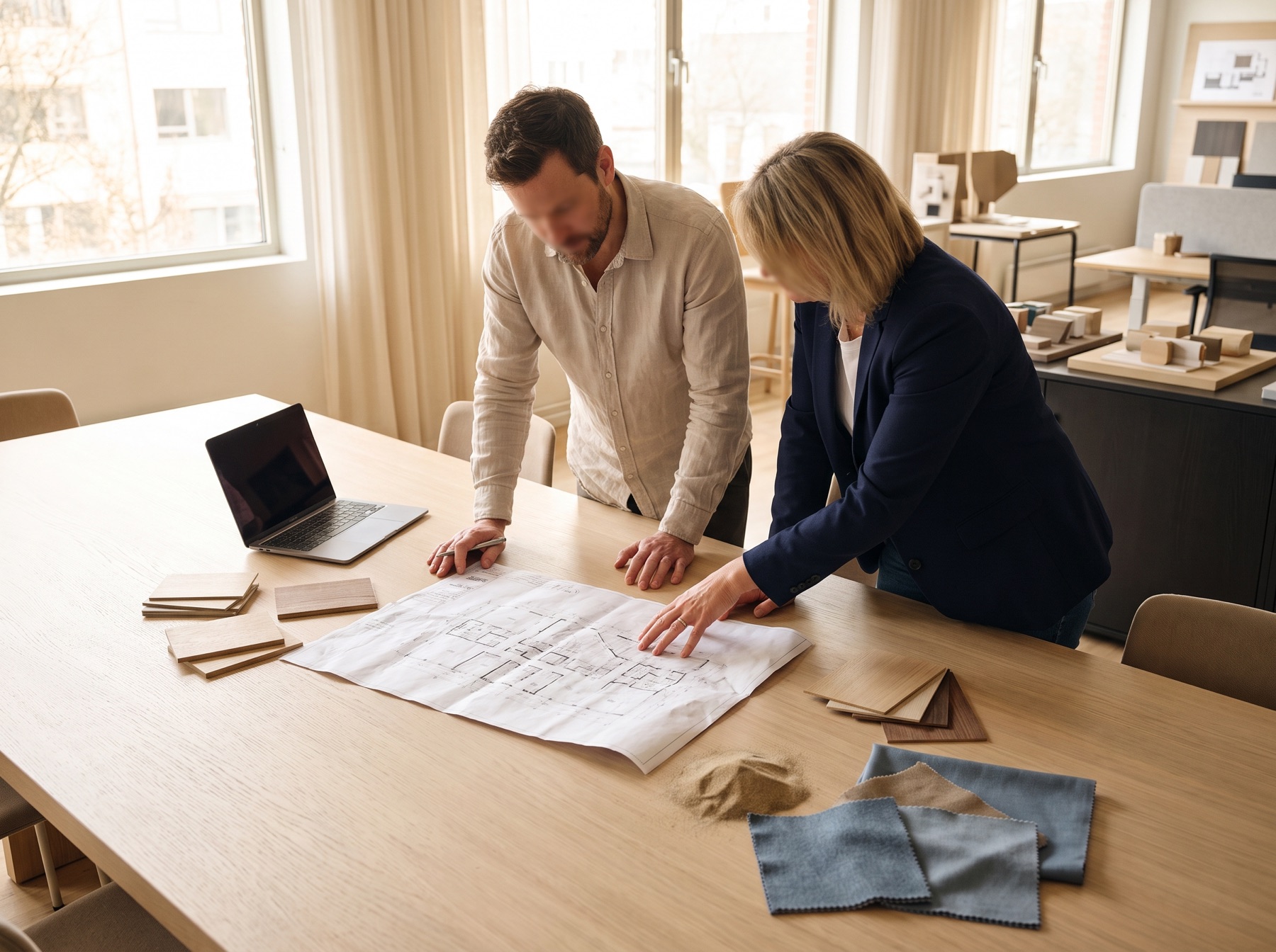 A project manager and a client reviewing a printed CAD floor plan on an oak table, with sand and steel-blue textile swatches and furniture samples.