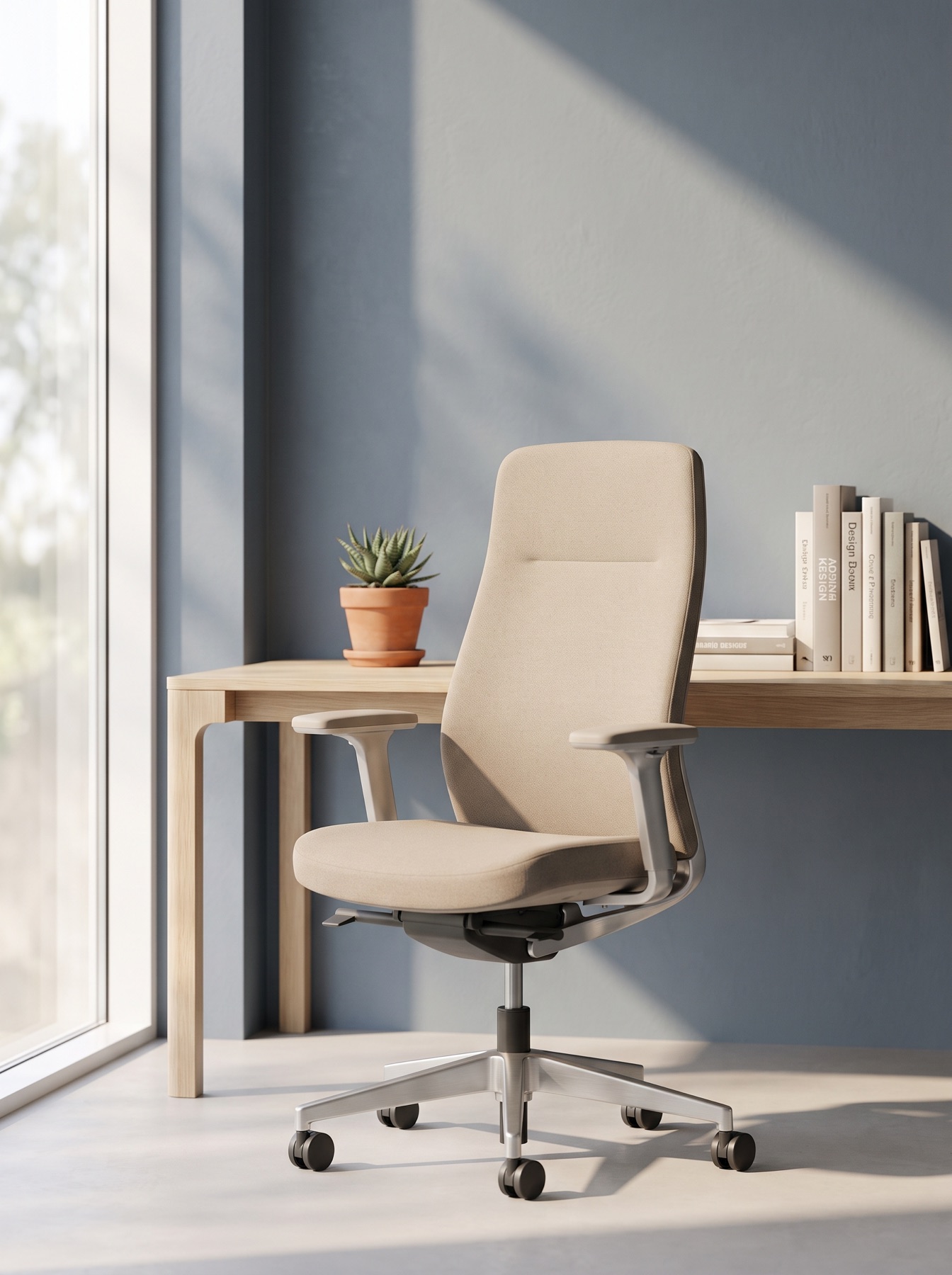 An ergonomic office task chair in sand-toned upholstery against a steel-blue wall, at a white-oak desk in a sunlit showroom.